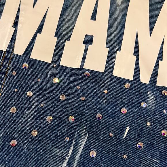 MAMA jean jacket with rhinestones and paint splatter NWT - Picture 2 of 4